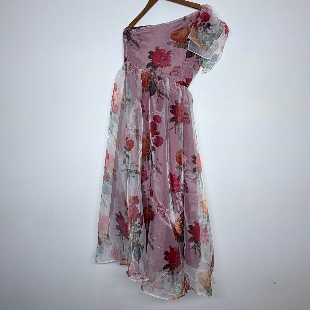 One Shoulder Floral Butterfly Print Midi Dress Pink Burgundy Ruffle Sheer Overla